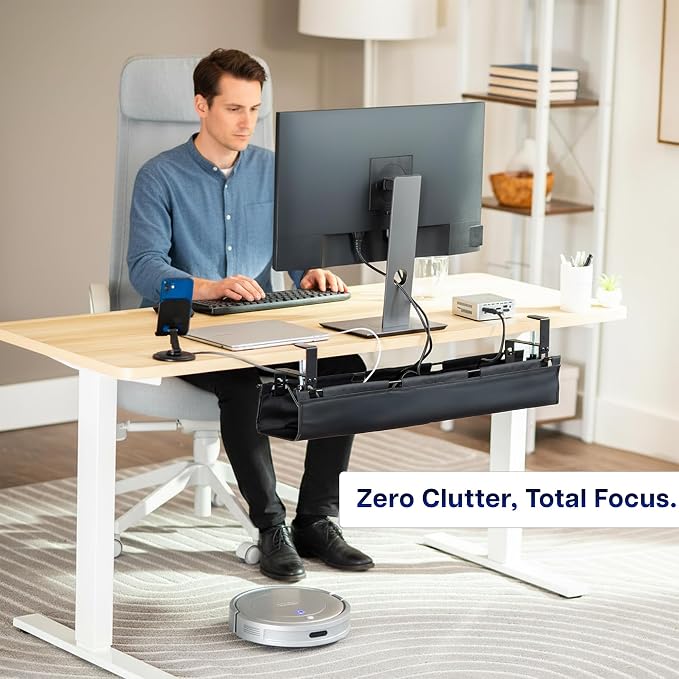 VIVO Clamp-on Under Desk 31 inch Fabric Cable Management Tray, Wire Concealer, Power Strip Storage, Workspace Organization, Easy Fold Down Access, Black, DESK-AC31F-C - Image 9