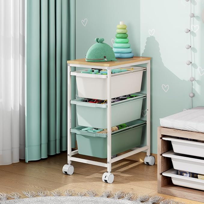 KINGBOARD Slim Rolling Cart with 3 Drawers, Metal Utility Storage Cart | Wooden Tabletop, Lockable Wheels, Under Desk Trolley for Bedroom, Children's Room and Office Organization, Green - Image 9