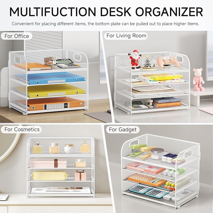 Lavatino Paper Organizer for Desk, 4-Tier Desk Organizer Tray, Mesh Desktop File Organizers with Handle, Office Classroom Organization and Storage-White - Image 5