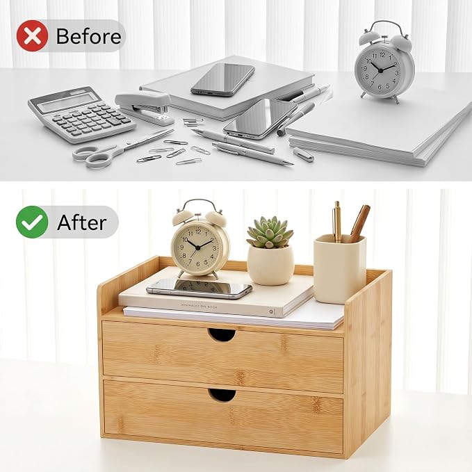 Bamboo Desk Organizer with Drawers, Desktop Storage for Office Supplies | 2 Drawers Desktop organizer, No Assembly Required, Natural Wood Wooden Desktop Drawers Box for Bills, Cosmetics, Seals, Paper - Image 6
