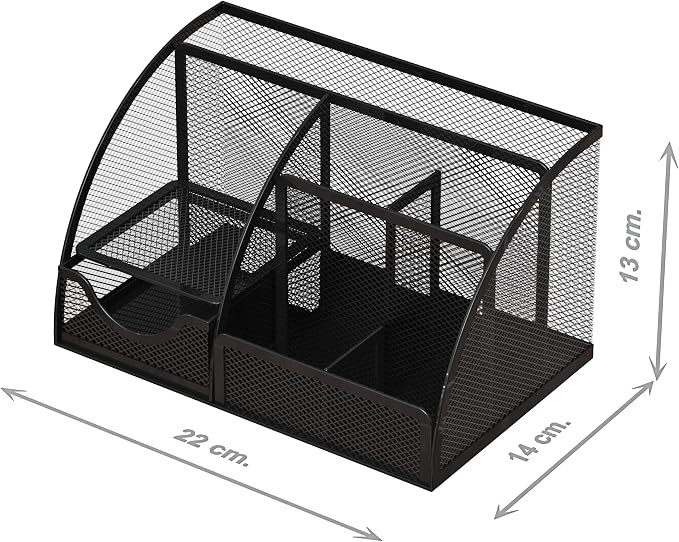 Desk Organizer and Pencil Case with Drawer and 6 Compartments in Black Metal Mesh. Space-Saving Desk Organizer for Pens, Pencils, Sticky Notes, Clips and Staplers - Image 2