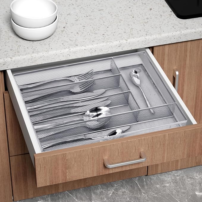 Neudeco Silverware Drawer Organizer, Silver, 5 Compartment | Mesh Wire, Non-Slip Feet, Cutlery Tray, Flatware Storage Divider - Image 3