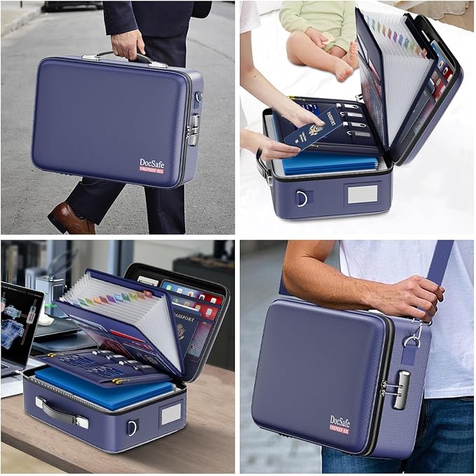 DocSafe Fireproof Document Box with Lock＆Shoulder Strap,Hard Case File Organizer with Accordion File Folder,Multi-Layer Portable Home Office Travel Safe Storage for Important Documents Laptop Blue - Image 6
