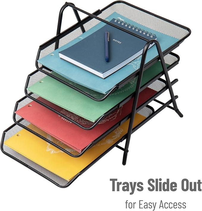 Mind Reader 4-Tier Paper Tray, Desktop Organizer, File Storage, Office, Metal Mesh, 12" L x 13.75" W x 12.5" H, Pack of 2, Black - Image 4