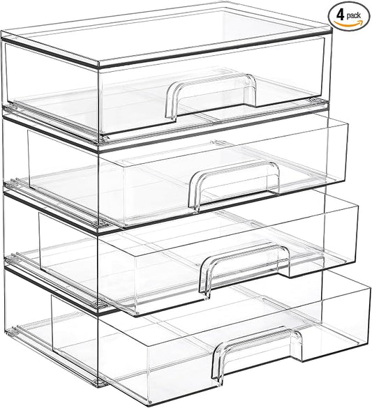 Vtopmart Clear Stackable Storage Drawers, 4 Pack Wide Plastic Organizers | Clear Pull-Out Plastic Drawers, Stackable Design for Makeup Palettes, Cosmetics, Beauty Supplies, Vanity, Cabinet and Desk by Vtopmart