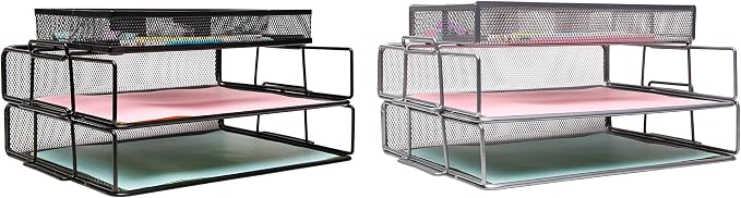 Exerz Layer of 2 Wired Mesh Paper Sorter Plus an Accessory Tray/Desk Organiser/Detachable File Holder, with Extra Divider/Memo Holder On Top – Office, School, Study Multifunctional Essential. | Two Tier A4 File Storage With Divided Accessory Sections F... - Image 5