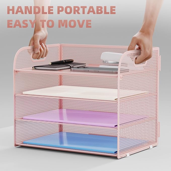 Marbrasse 4 Tier Paper Organizer Letter Tray - Mesh Desk File Organizer with Handle, Paper Sorter Organizer for Letter/A4 Office File Folder Holder (Pink, 12.6" x 9.1" x 10.7") - Image 5