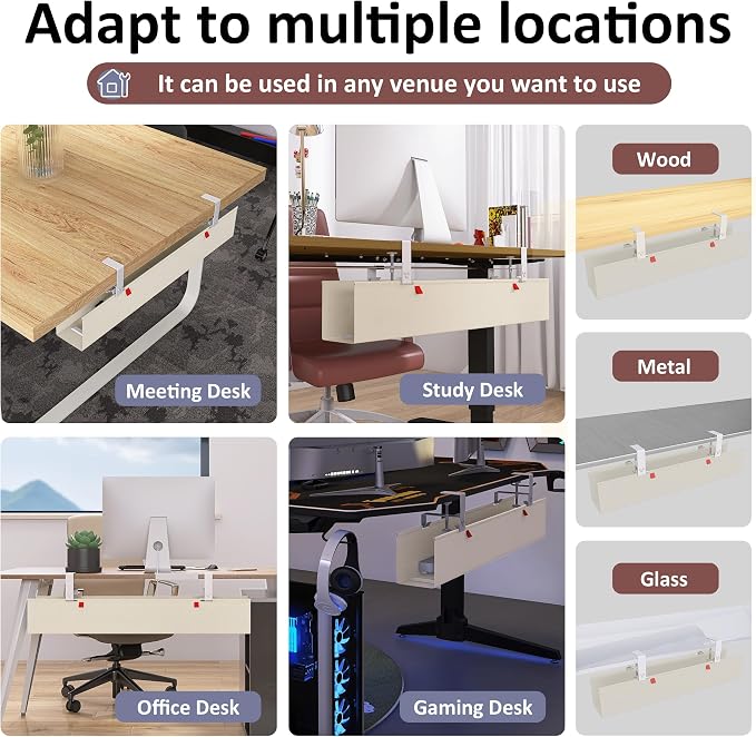 36" Under Desk Cable Management Tray for Home Office, No Drill Cord Organizer for Glass & Wood Table, Anti-Sag Oxford Fabric Wire Management Hider, Fits Surge Protector (Beige, 35.8") - Image 5