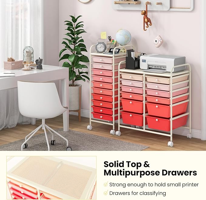 COSTWAY 12-Drawer Rolling Storage Cart, Moveable Art Craft Organizer | Lockable Wheels, Metal Shelf, Files Arrangement Tools Makeup Storage Cart for Office, Home, School (Mixed Pink) - Image 8