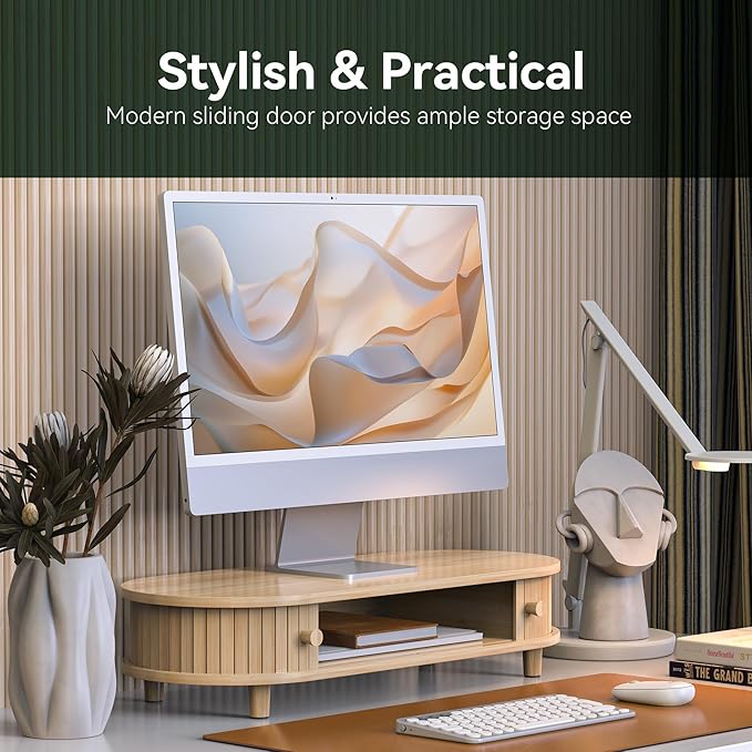 Bamboo Monitor Stand with Storage, 25 Inch Desk Shelf Riser | Curved Computer Laptop Stand Desk Shelf Organizer with Sliding Doors for 47-55 Inch Desk - Image 2