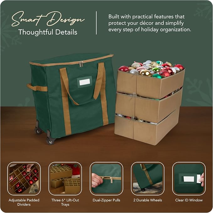 Covermates Keepsakes Rolling Adjustable Ornament Storage Bag – Heavy-Duty Polyester, FlexGrid Trays & Padded Dividers – Protective Holiday Organizer with Wheels, Handles & ID Window, Green - Image 4
