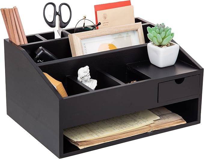 Wood Desk Drawer Organizers with File Organizer Pen holder Office Decor combo for Desk Organization Home can arrange office supplies such as calculators scissors pens note papers, etc. (black) - Image 3
