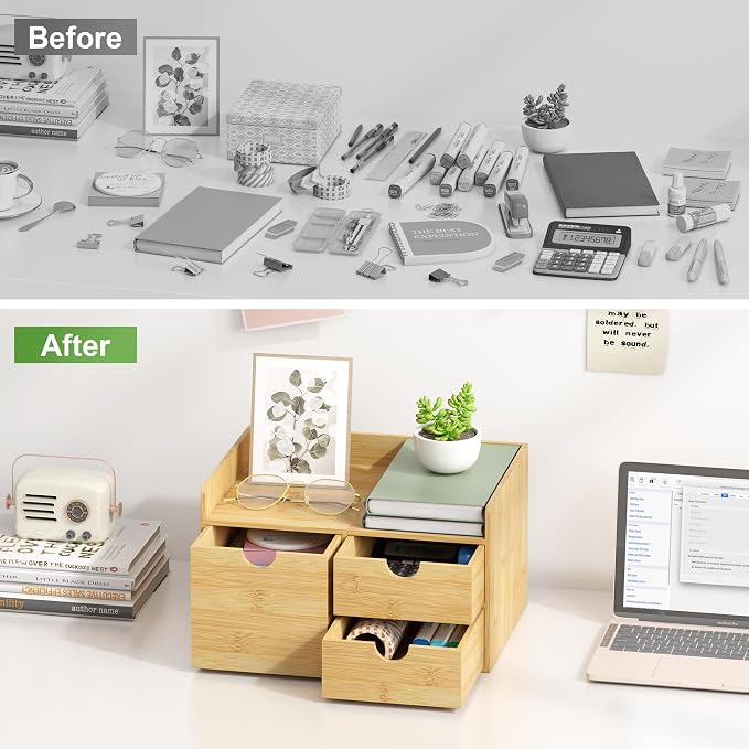 Bamboo Desk Organizer with Drawers, Desktop Storage for Office Supplies | 3 Drawers Desktop organizer, No Assembly Required, Natural Wood Wooden Desktop Drawers Box for Bills, Cosmetics, Seals, Paper - Image 6