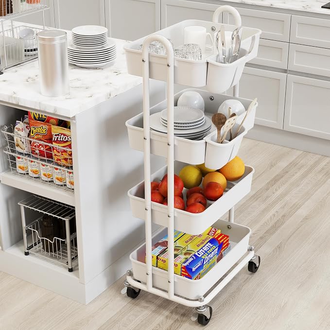 Simple Houseware 4-Tier Rolling Utility Cart with Hanging Bucket, White | Storage for Bathroom, Kitchen, Office, Study Room, Nursery Diaper - Image 7