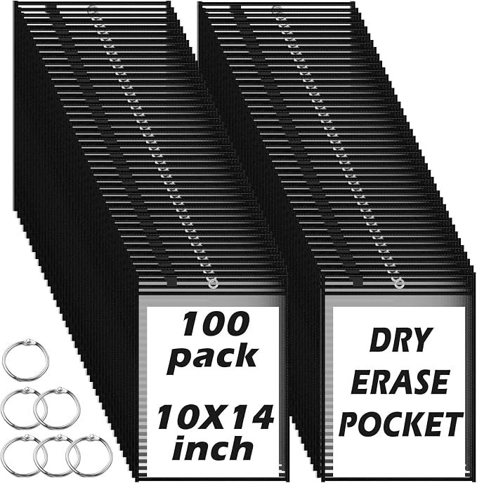 100 Packs Dry-Erase Pockets Bulk Oversized Reusable Dry Erase Pocket Sleeves with 6 Rings, 10x14 Black Ticket Holders, Clear Plastic Sheet Protectors, Teacher School Classroom Supplies by Oleitodh