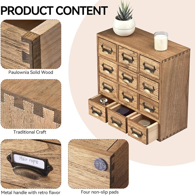 KIRIGEN Wooden Storage Cabinet, 12-Drawer Desktop Organizer, Brown 12CG-DBR | 12 Mini Drawers with Metal Label Holder Pulls for Cards, Crafts, Tea Bags, Jewelry, Office Supplies, and Small Parts - Image 5