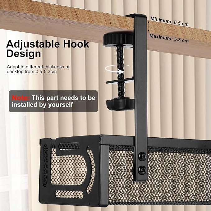 AiQInu Cable Management Desk Under The, Clampable Cable Organiser Tray, Under-Sink Mounting Organiser Made of Carbon Steel, No Drilling, Cable Management for Office, Home - Image 3