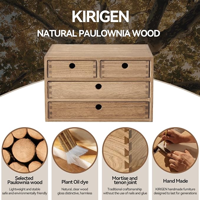 KIRIGEN Wood Desk Organizer with 4 Drawers, Desktop Storage, Brown 34-DBR | 3-Tier Solid Wood Cabinet Holds Letter-Size Paper, Mail, Makeup, Crafts, and Home Office Supplies, Fully Assembled - Image 7