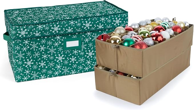 Covermates Keepsakes Adjustable Ornament Storage Box – Heavy-Duty Polyester, Padded Dividers & FlexGrid Trays – Protective Holiday Organizer with Stackable Walls & Label Window, Green Snowflake by Covermates