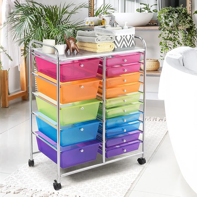 DORTALA 15-Drawer Rolling Storage Cart with Drawers, Rolling Utility Cart w/Removable Drawers & Universal Wheels, Tools Scrapbook Paper Organizer for School, Office, Home, Classroom (Rainbow) - Image 8
