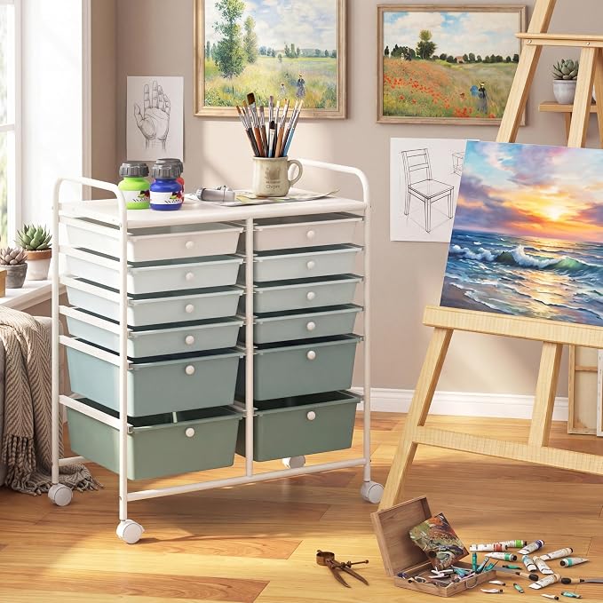 COSTWAY 12-Drawer Rolling Storage Cart, Moveable Art Craft Organizer | Lockable Wheels, Metal Shelf, Files Arrangement Tools Makeup Storage Cart for Office, Home, School (Green Gradient) - Image 2