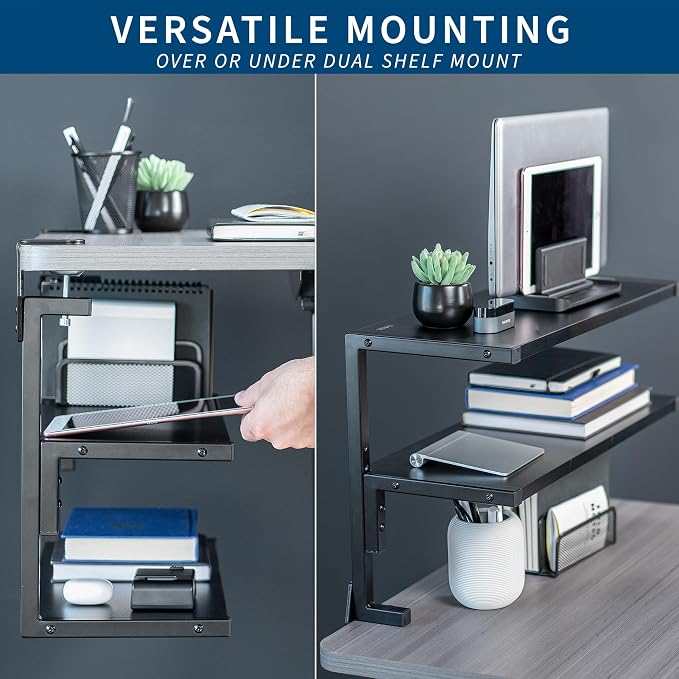 VIVO Black Clamp-on 24 inch 2-Tier Desk Shelf, STAND-SHELF24C | Above or Below Desk, 2 Level Shelving Unit for Table Accessories, Gaming Devices, and More, Storage Tray, Desktop Organizer - Image 4