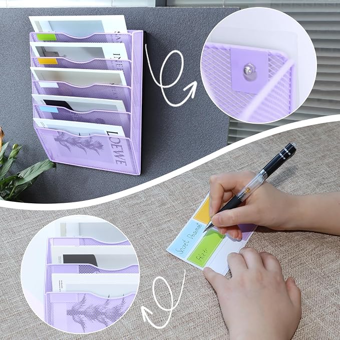 5 Pockets Mesh Wall File Holder Organizer Office Hanging File Folder Magazine Rack, Nametag Label Hooks Set Included (Purple) - Image 4