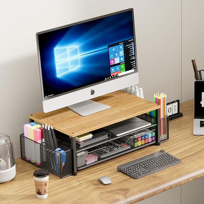 Desk Organizers and Accessories, Computer Monitor Stand Riser with Drawer and 2 Pen Holders, Printer & Laptop Stand, Office Desk Accessories & Workspace Organizers for Home Office Supplies, Oak - Image 5