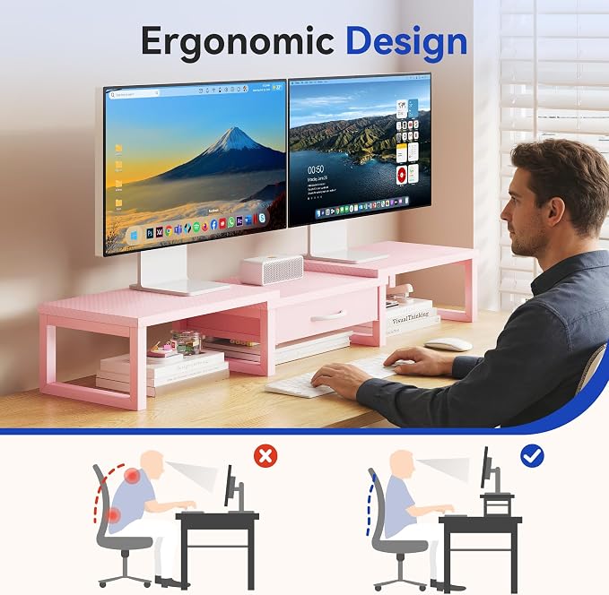 Desk Organizers and Accessories, Dual Monitor Stand Riser with Drawer, Computer Monitor Stand, Adjustable Desk Shelf for PC Laptop Printer TV, Pink - Image 4