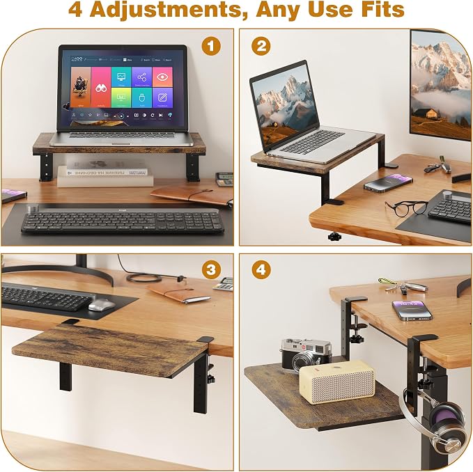 Desk Extender, 15-inch Clamp-On Desk Shelf, Height-Adjustable Desktop Shelf Organizer for Monitors Office and Gaming Accessories, Arm Support Table Extension, 44lbs Heavy Duty, Dark Brown - Image 5