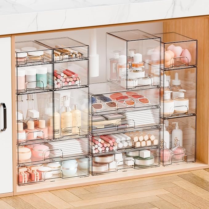 12.1''W Clear Stackable Storage Drawers,2 Pack Acrylic Drawer Organizer for Hair Accessories,Makeup Organizers,Plastic Organizer Bins for Vanity,Bathroom,Cabinet,Desktop,Office Supply Organizer - Image 7