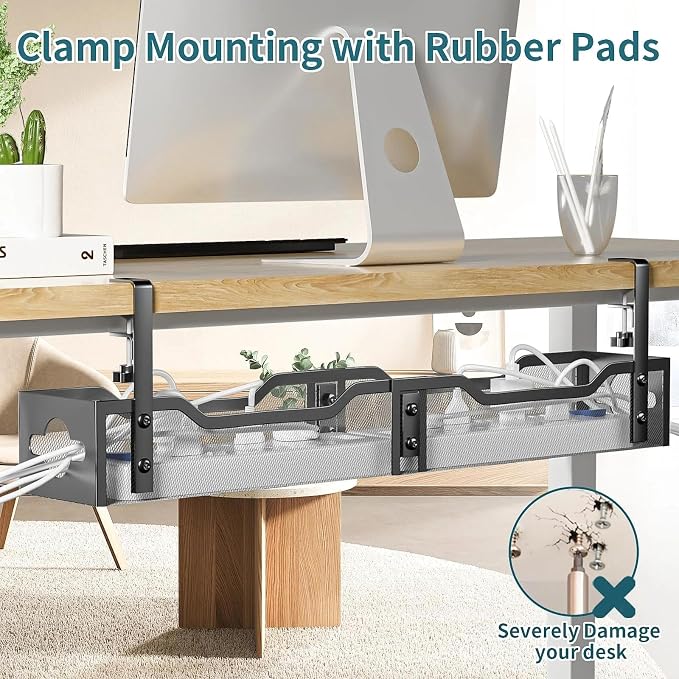 Under Desk Cable Management Tray 32'', Cable Management Under Desk No Drill, Cable Organizer with Clamp for Wire Management, Cord Organizer for Office, Home - No Damage to Table (Black) - Image 4