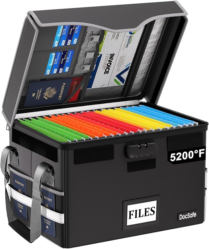 DocSafe 5200°F Fireproof Document Box with Lock,Heat Insulated File Organizer Storage with Pockets,Collapsible Portable Home Office File Safe Box with Handle for Hanging Letter/Legal Folders, Black by DocSafe
