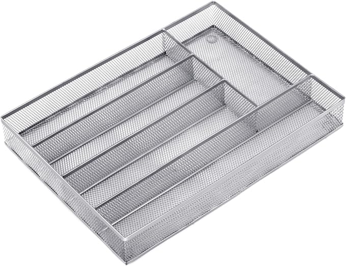 Neudeco Silverware Drawer Organizer, Silver, 5 Compartment | Mesh Wire, Non-Slip Feet, Cutlery Tray, Flatware Storage Divider by Neudeco