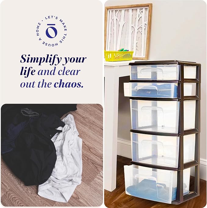 HOMZ 2-Pack Drawer Tower, 5-Tier Clear Plastic Storage Organizer Unit, Black Frame - Multi-Purpose Container Drawers for Bedroom, Bathroom, and Office Organization - Image 6