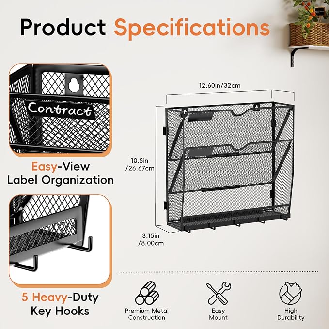 3-Tier Wall File Organizer with Hook, Hanging File Organizer Black | Wall-mounted mail storage holds papers, folders, files, clipboards and magazines, assembly required for office or home use. - Image 2