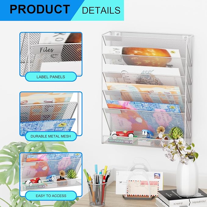 Wall File Organizer Holder Mesh Hanging Paper Document Holder, Vertical 6 Pocket Tier for Office Home, Silver - Image 4