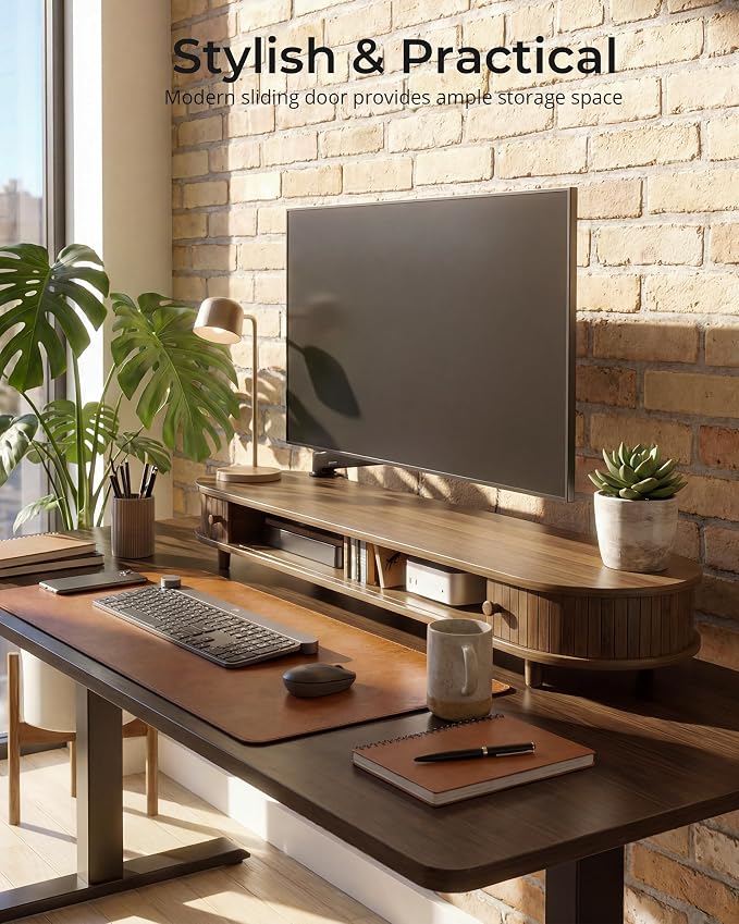 42 Inch Curved Dual Monitor Stand Riser with Storage Desk Shelf | Double Computer Stand with Sliding Doors for 55-72 Inch Cozy Workplace Computer Setup Desk Organizer Toasted Bamboo Color - Image 3