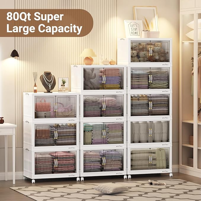 BROVIEW 240Qt Stackable Storage Bins with Lid, Extra Large Closet Organizer Collapsible Drawer Boxes with Wheels, Folding Plastic Cabinet Containers for Home Kitchen Room Organization, 3Pack White - Image 6