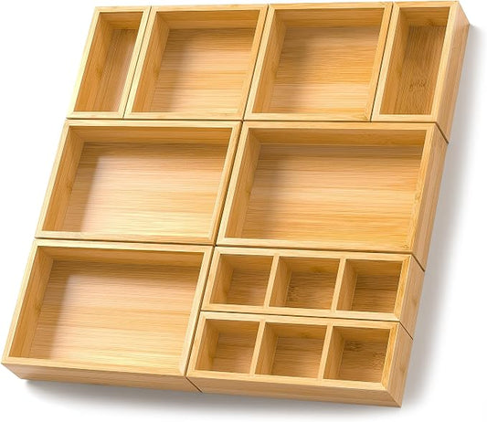 Bamboo Drawer Organizer, Set of 9 Wood Kitchen Junk Tea Desk Office Tray, Wooden Storage Boxes Organizers for Bathroom, Office (2" H 9 Boxes) by VeyFey