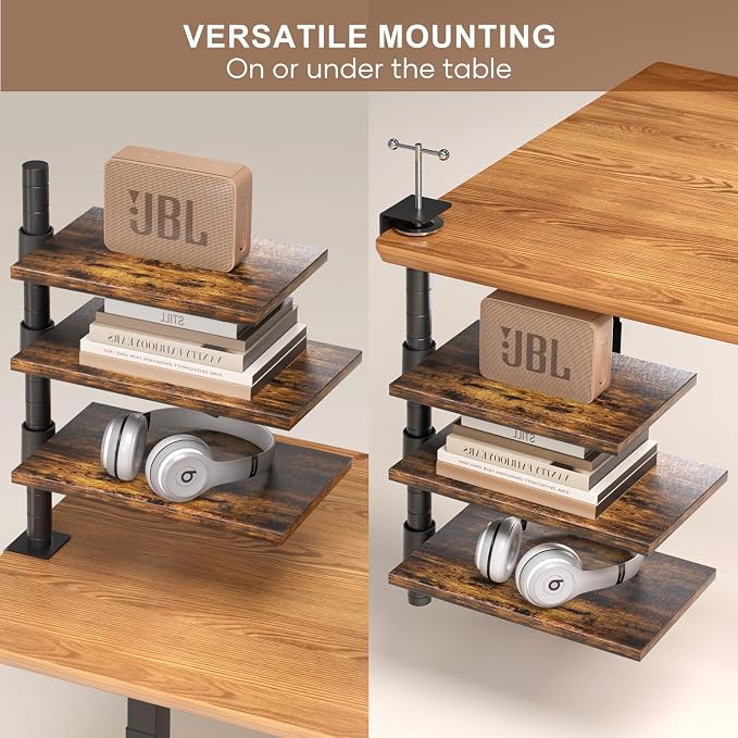 3 Tier Clamp On Desk Shelf - Over Or Under Table Clamp Shelf,360° Rotatable Desk Storage for Home Office, Gaming Devices,Storage Tray,and More, Rustic Vintage Brown Desktop Shelves - Image 5