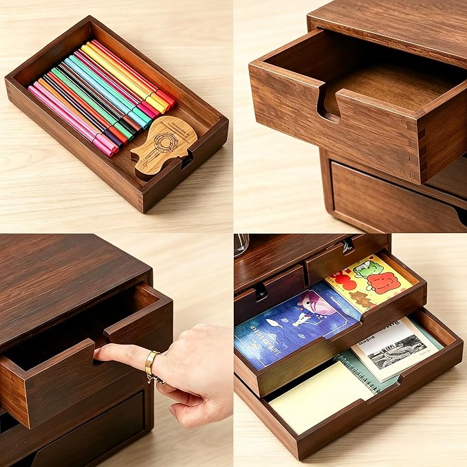 Bamboo Desk Organizer, 100% Natural Bamboo Desktop Drawer Organizer, Dark Brown Tabletop Storage Cabinet Organization Box with 4 Drawer for Makeup, Letter, Home, 3 Layer, Fully Assemble - Image 5