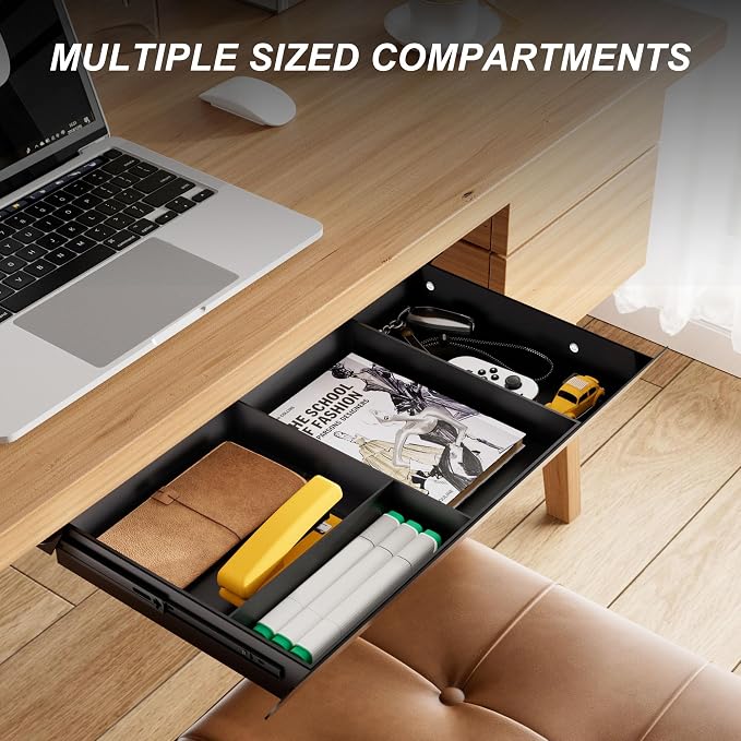 Under Desk Drawer with Removable Tray, 22.4" Wide 2-in-1 Organizer – 60° Ergonomic Tilt, 4-Compartment Insert for Pens, Phones & Cables, Ball Bearing Slides, for Home Office & Student Desk - Image 3