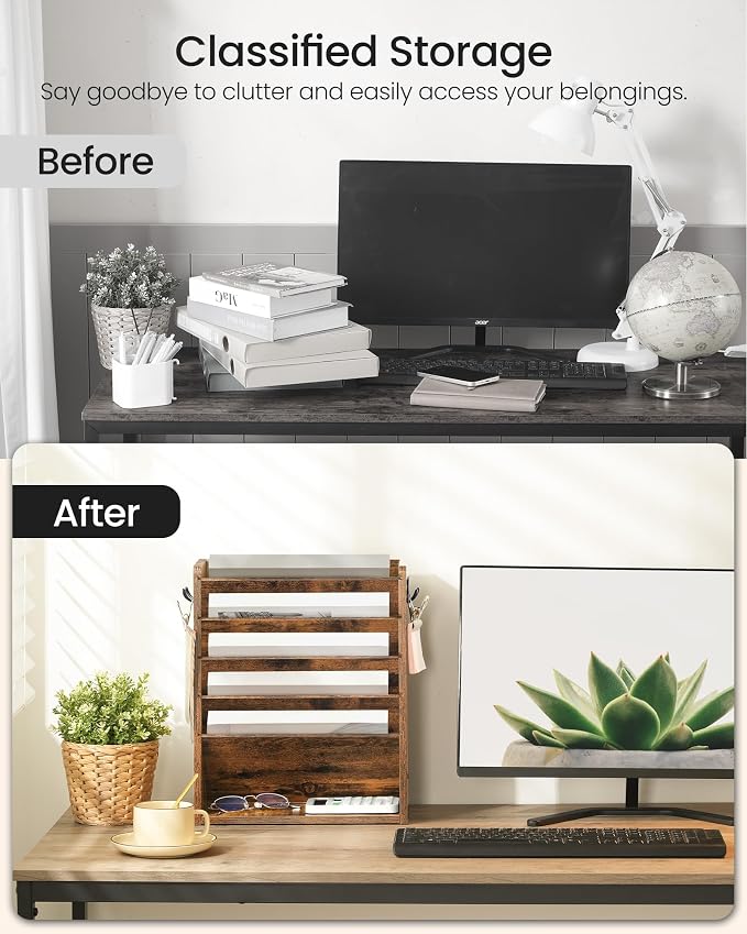 Wall File Organizer, 6-Tier Vertical Mount Hanging Holder with 2 Side Hooks, Vintage Wooden Magazine Storage Crate with Bottom Flat Tray, Desk Organizer, for Office, Home, Rustic Brown MWJ01FG - Image 8
