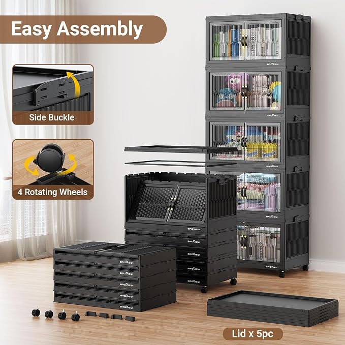 BROVIEW 360Qt Stackable Storage Bins with 3 Lids, Extra Large Closet Organizer Collapsible Drawer Boxes with Wheels, Folding Plastic Cabinet Containers for Home Kitchen Room Organization, 3Pack Black - Image 7
