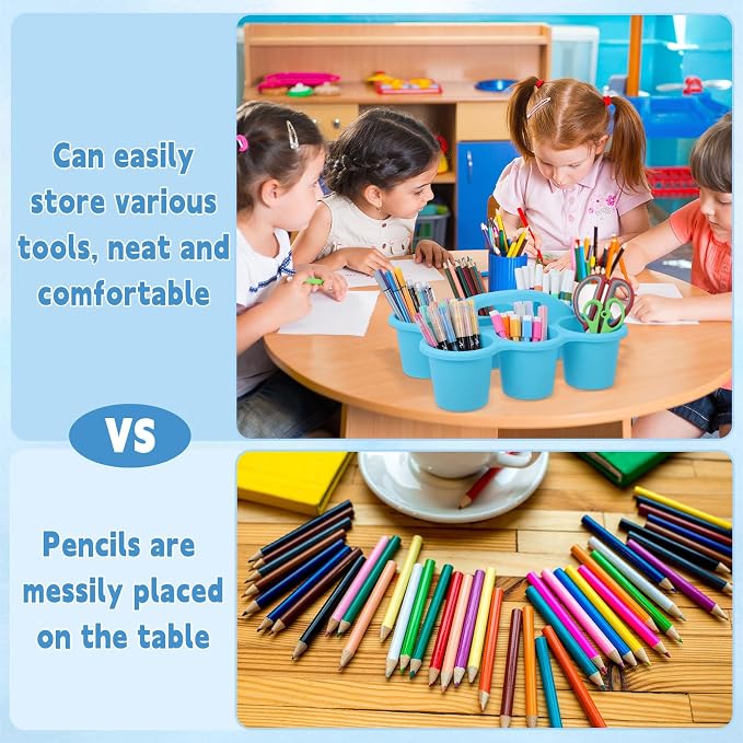 6 Pack Classroom Caddy Organizer with Handle Gradient Blue Plastic Table Caddy Drink Cup Caddies Holder 12x9x3.5 Inches Storage School Supplies 6 Compartments for Table Crayon Pencil Cup Marker Craft - Image 4