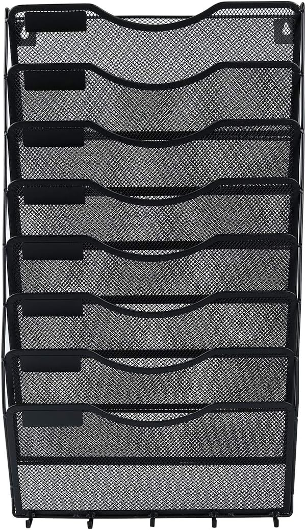 EasyPAG 8 Pocket Mesh Wall File Organizer with Key Hooks, Hanging Paper Folder Holder with Classify Label, Vertical Wall Mount Mail Organizer for Office Home Classroom, Black - Image 3