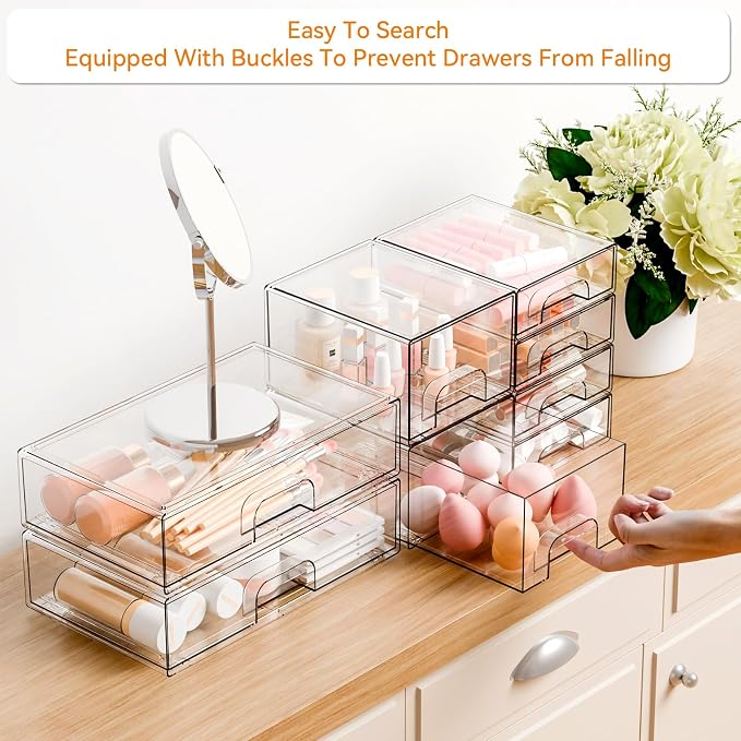 8 Pack Clear Stackable Storage Drawers,Acrylic Drawer Organizer for Medicine,Palettes,Hair Accessories and Makeup Organizer,Plastic Drawers for Cabinet,Office,Desk,Bathroom Storage Containers - Image 4