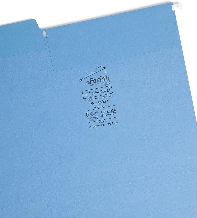 Smead FasTab Hanging File Folder, 1/3-Cut Built-in Tab, Letter Size, Assorted Pastel Colors & FasTab Hanging File Folder, 1/3-Cut Built-in Tab, Letter Size, Blue, 20 per Box (64099) - Image 7