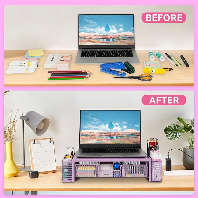 Qupui Computer Monitor Stand Riser with Drawer and Pen Holders, Desk Organizer Shelf and Accessories, Office Desk Accessories, Office Organization, Purple - Image 3